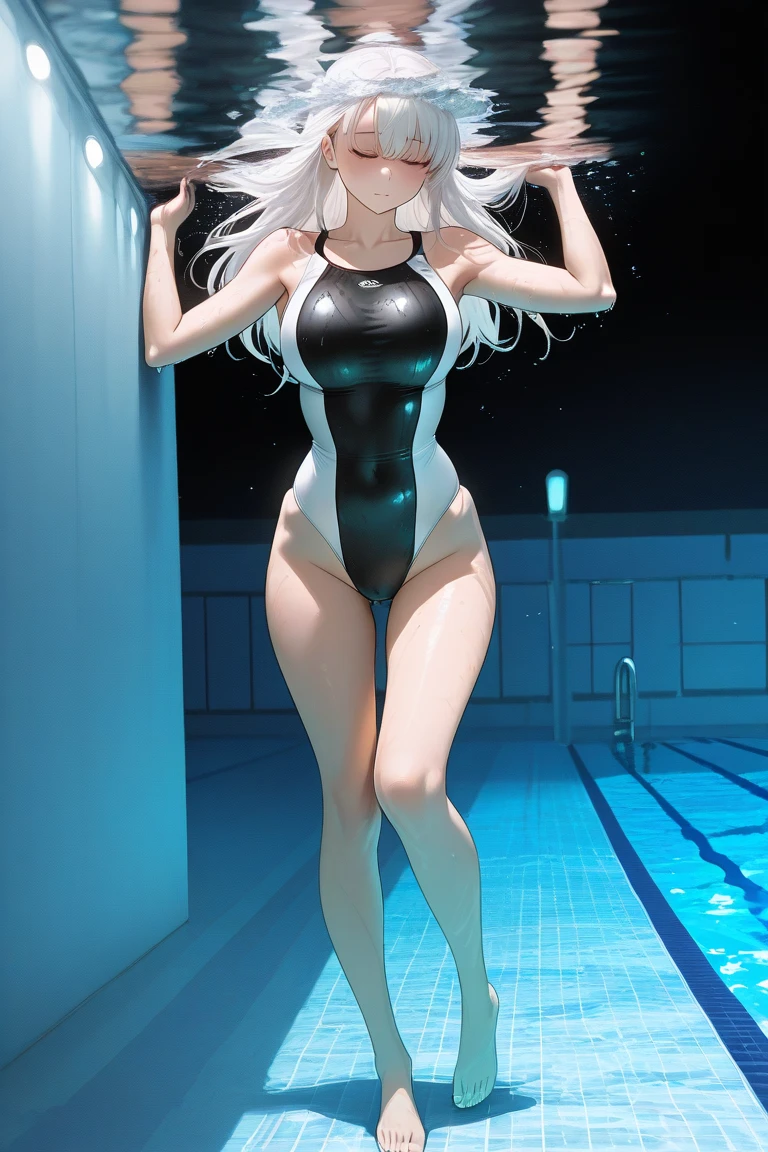 Rear view、one piece school swimsuit、Beautiful Girl Magician、silver hair upstyle、((whole body))、(((photo taken from below)))、pool