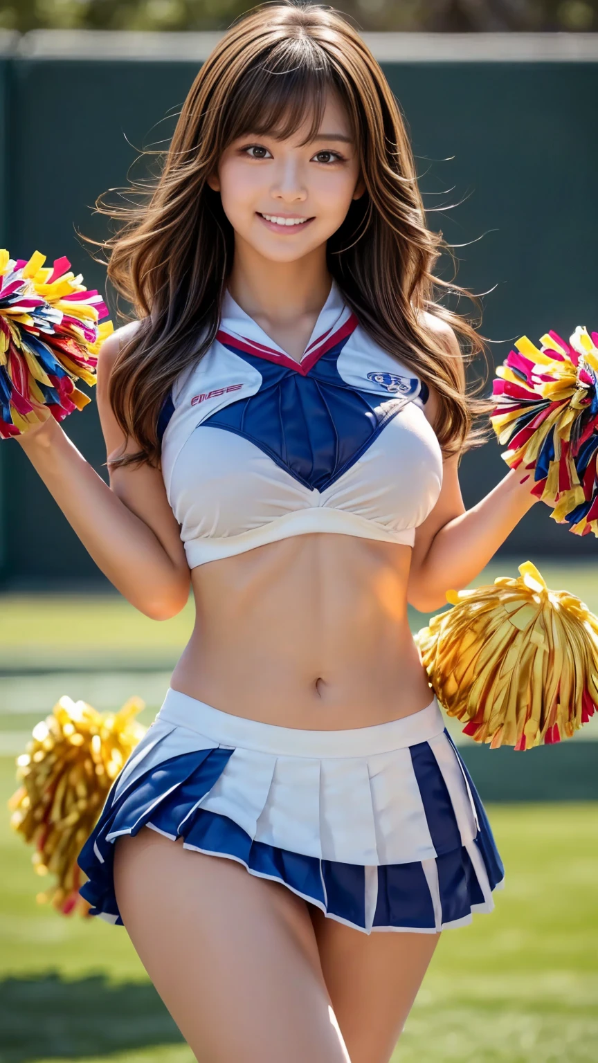 ((Best Quality, 8k, photo realistic:1.4, Masterpiece)), back Lighting, highly detailed facial textures women, 18yo, (((bule Cheerleader:1.2))), ((Stadium Background: 1.2)), arm up, ultra-detailed skin, beautiful make up, detailed eyes, smile, open mouth, shiny brown messy short hairstyles, squat pose