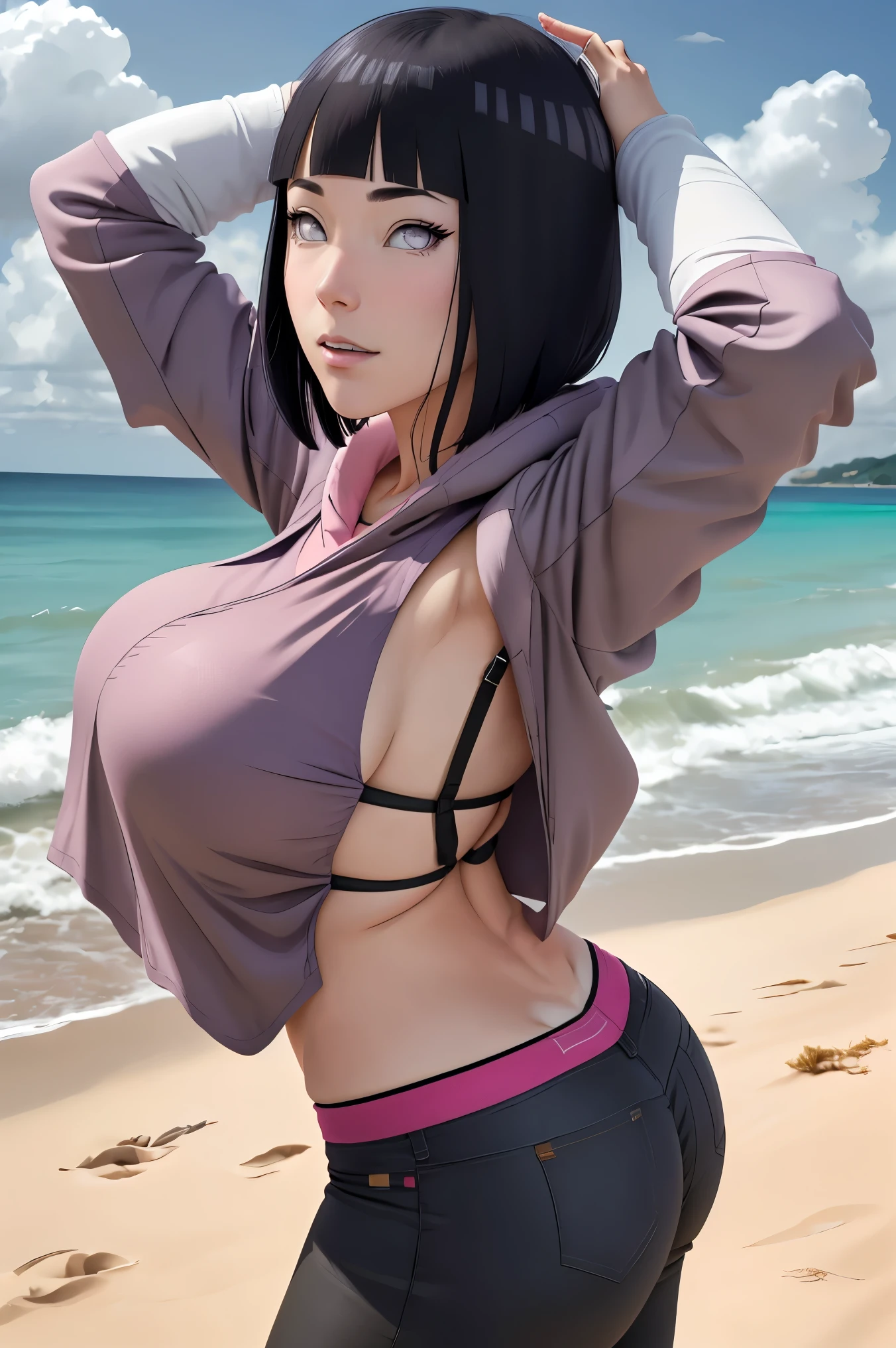 master part, wearing torn purple and white transparent  cheongsam, damaged ripped clothes, outdoor, cloudy sky, perfect composition, detailed lips, big breasted, beautiful face, ideal body proportion, blush, pink lips, short black hair, lilac eyes, soft look, super realistic, detailed, Photoshoot, realistic face and body, realistic hair, realistic eyes, realistic nose, realistic lips, cheered up, dancing lightly. closed mouth. different pose.   on beach with the appearance of beautiful ninja.  Beautiful Hinata make  pose. She is showing her big  and . Her  pops out her  clothes. Showing  and  . Thin lips. She has calm personality,  slender body. Outdoor beach location. . Big . Realistic, high resolution. . Wet body. Rain weather. 1 male people, Best Quality, Raw photo, Best Quality, Ultra-detailed, high resolution, detailed  clothes, Skin Texture, Cinematic lighting, Professional Lighting, Very perfect and beautiful cute, Shiny black hair, , slim down the waist, Slimming legs,  acts between men and women, , A guy is caressing her, , Back cowgirl, Pouting her , reddish blush. . Show . Realistic . Perfect . Large eye, large pupils. Beautiful eyes.