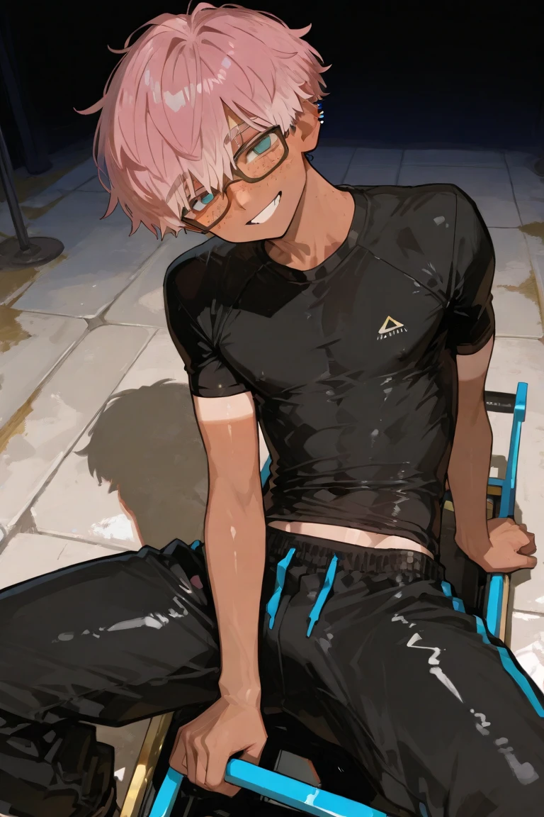 1boy,bandaid on knee,bandaid on leg,black hair,blush,erection,gloves,holding,male focus,male masturbation,navel,tank top,one eye closed,open mouth,pink hair,short hair,sitting,skateboard,sky,solo,solo focus,street art,toned male,twink,uncensored,undercut,water,white socks,no pant,cum on body,<lora:AnimeMaleStyleA:0.6>,