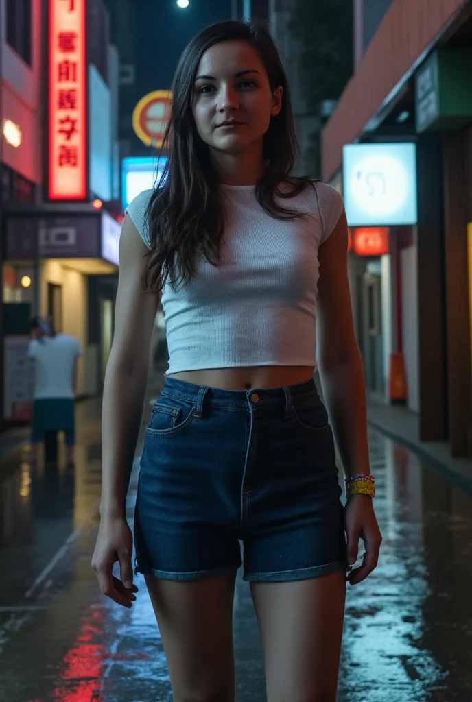 In a village with old houses, a 25-year-old poor and beautiful girl, dressed in a dirty torn top and dirty torn pants, her back turned, looking into a large full-length mirror (in the mirror she sees herself in a luxurious street, dressed in beautiful and sexy clothes, looking at the camera:1.2), (the girl in the mirror is wearing an off-shoulder white top with a low-cut belly and a mini skirt underneath, in a luxurious street, night lights, crowds around her:1.2)