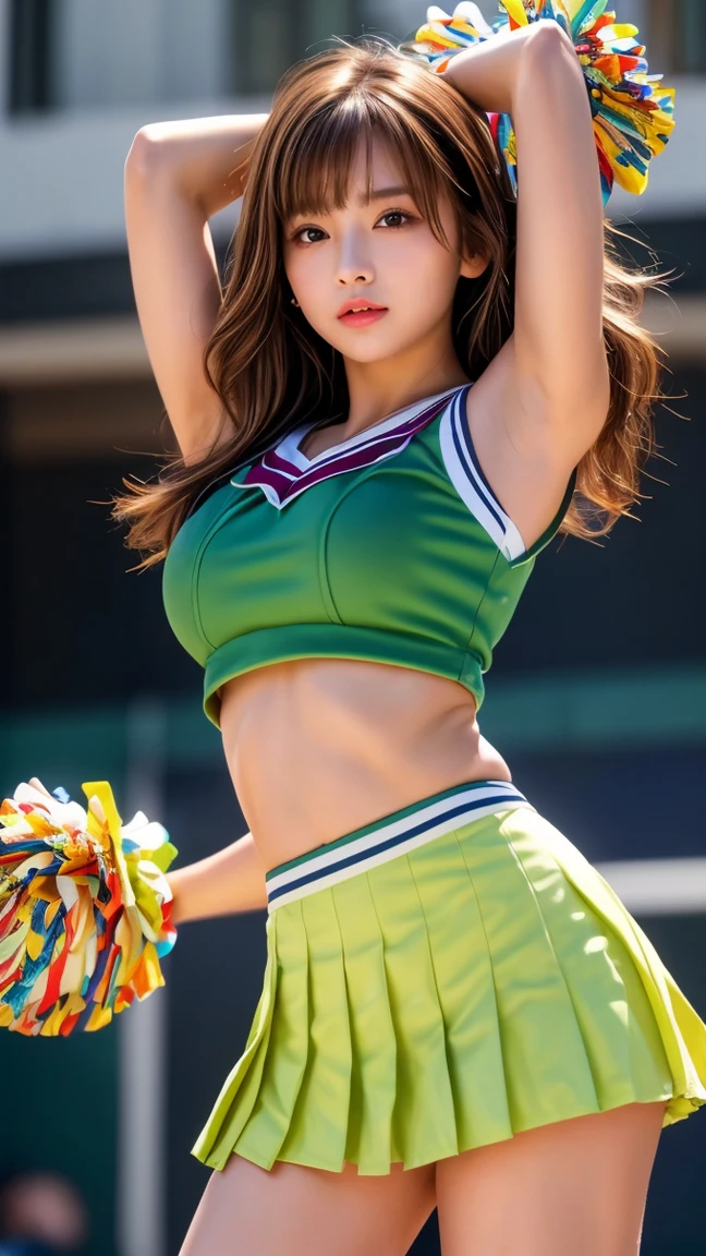 1womanl、Solo、(Super beautiful)、(beauitful face:1.5)、(A detailed face:1.5)、(A detailed eye:1.1)、(Detailed lips:1.1)、(Detailed nose:1.1)、25-years old、Professional Baseball Team Cheerleading、(green cheering uniform:1.2)、(Showing white panties:1.4)、with spreading legs、(a miniskirt:1.5)、(Bare legs:1.5)、You can see the shape of the nipple、Cheering seats in the stadium、(Sky from below:1.1)、(Full body shot:1.2)、(At SFW:1.5)