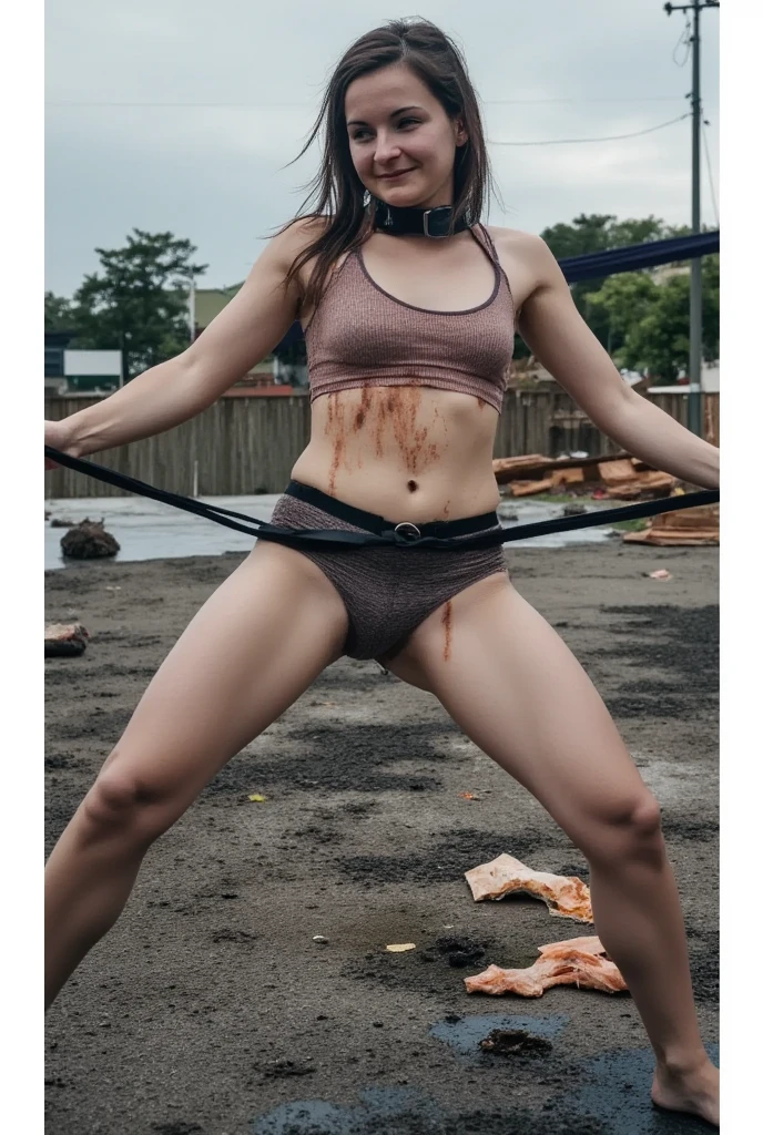 The fitness queen with abs was defeated，chained，Hands tied with rope，Legs are chained，wearing a collar，blush shy，Expression of pain，The stomach was injured and bleeding
