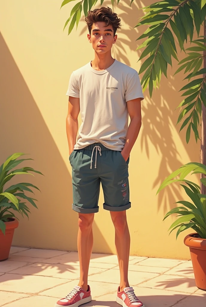 1 boy, athletic body, sexy, standing under coconut tree, briefs, coconut tree, seaside, cute, full nude, full body, panorama, 15 years old