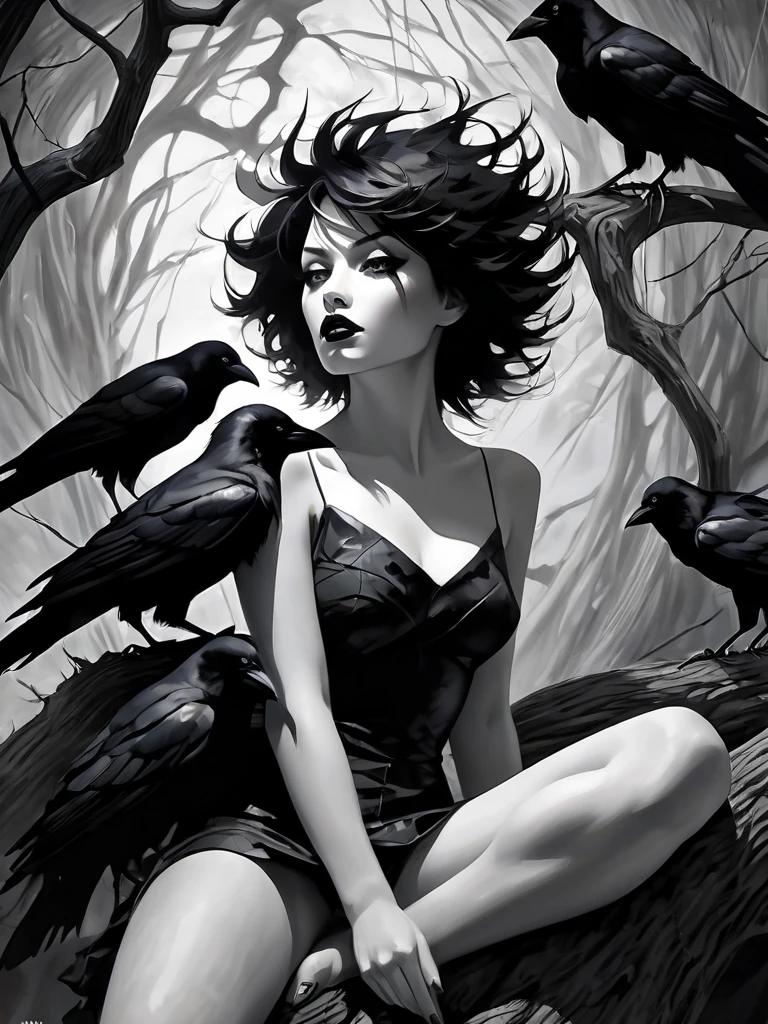 a large dry tree, crows, a sexy monster girl with torn clothes sitting at the base of the tree, black and white image, art inspired by Bill Sienkiewicz, crows eroticism, sexy, black and white image,(best quality,4k,8k,highres,masterpiece:1.2),ultra-detailed,(realistic,photorealistic,photo-realistic:1.37),intricate details,vivid colors,sharp focus,professional,Dave McKean artwork, oil touch of surrealism,oil painting style,portrait,woman,beautiful detailed eyes,beautiful detailed lips,dreamlike atmosphere,shadow play,soft lighting,playful pose,minimalist room,dark hues,ethereal background,fantasy elements,texture,layered composition.