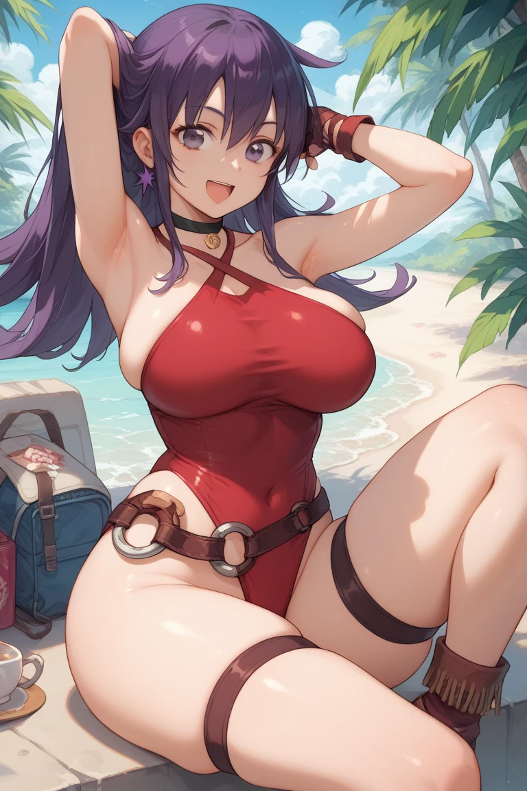 NSFW,hutao\(genshin\),(Sexy Swimwear:1.8),(Perfect hands),(Perfect Anatomy),(masterpiece),(highest quality),(Embarrassed:1.5),blush,Feeling embarrassed,Lift your butt,Leg spread,Sandy Beach,Palm tree,Rock Shade,One man,Man standing behind