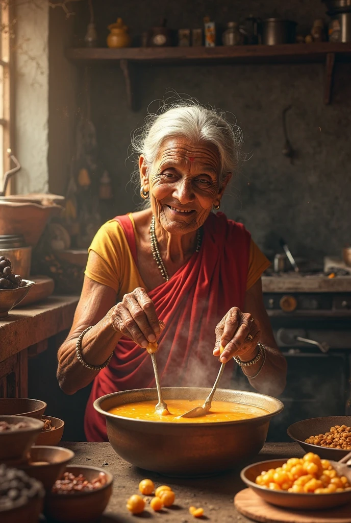 Indian A poor n old mother is cooking and laughing