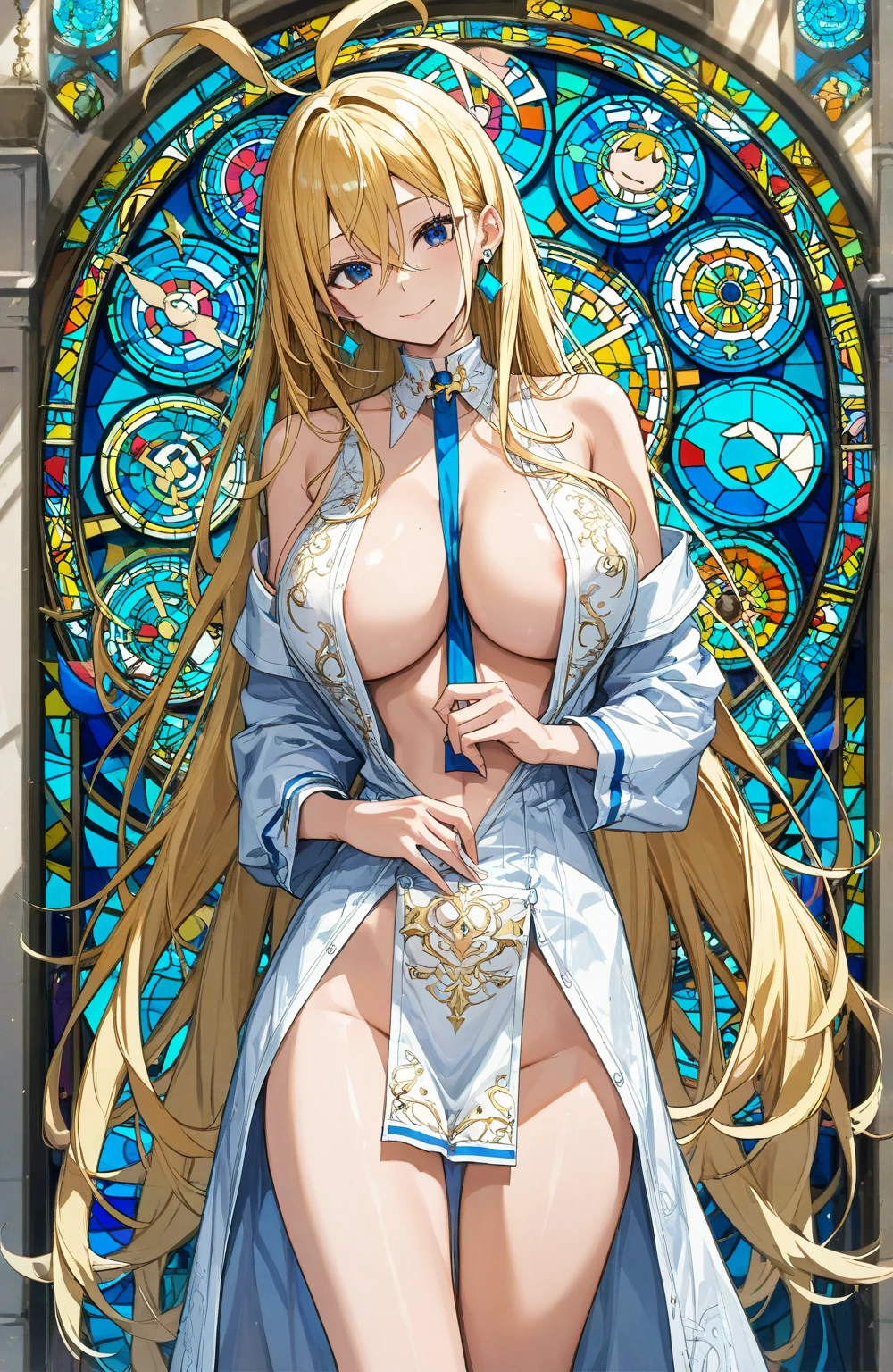 image de dessin animé d'une femme avec de longs cheveux blonds et un collier, déesse anime, ((une belle reine fantastique)), princesse blonde, portant un tablier brillant, longue fille blonde anime Elle a les cheveux blonds, style Anime comme le destin et est nue sans vêtements