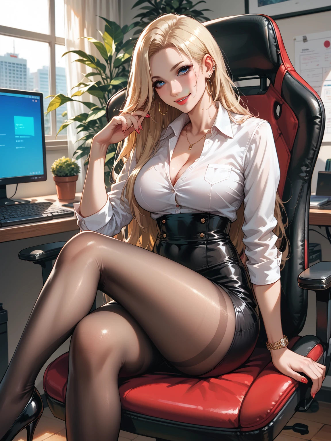 4k， Mujer joven sentada en silla de oficina，The Hand Is Hidden，medias，bragas rotas，Me gusta mantener las piernas abiertas，grandes tities