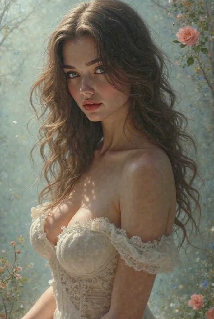 painting of woman, figurative art, intense watercolor, watercolor detailed art,Beautiful and expressive paintings, Beautiful artwork illustration, wonderful, cool beauty, highest quality, official art, perfect composition,perfect angle, best shot, women only, sharp outline, Mysterious, nostalgia, romantic, fantasy, The blurred boundary between past and present, Eyes without pupils, colored eyes, ideal animation, In search of lost time, long curly windblown hair, sentimental, Paris in the first half of the 20th century, Full body, big Breast, visible nipples, visible hairy pussy, beautiful nude.