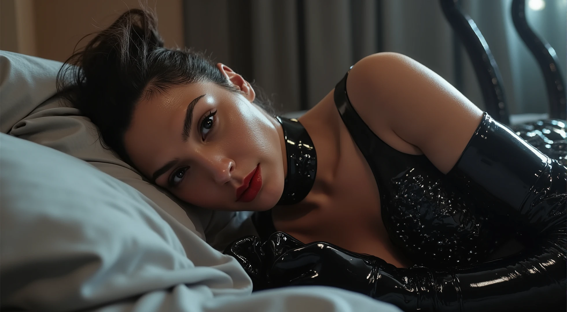 (photorealism:1.2), beautiful woman, on bed Japanese women wearing latex catsuit boots gloves big choker catsears tail