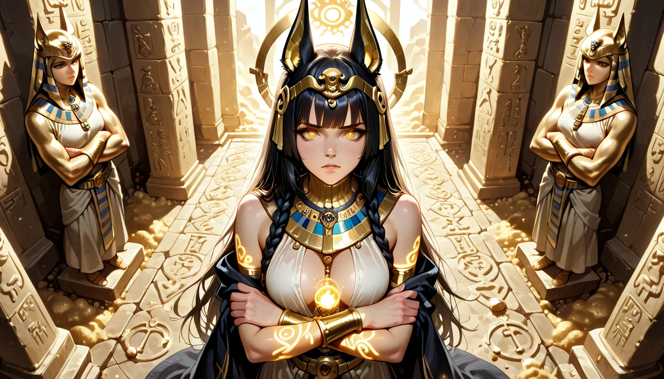Anubis, ancient Egyptian god, ((Egyptian god of death)) jackal god, embalming god, goddess of judgment death, mature woman, wearing a ribbon, golden jackal mask, short black hair, canine ears, fur, blood-red eyes, extreme coldness, bloodless skin, black cape, pharaonic scepter, perfect breasts, background in the underworld, (exquisite black Egyptian ornaments), Egyptian style, perfect flesh full of texture, captivating visual enjoyment, full body, (best quality), (masterpiece), ((masterpiece), Maximum definition, illustrations, (super detailed face), (perfect face), clear texture, ultra HD detail display, excellent image performance, high quality illustration, perfect fit harmonious tones, deep lines, precise brush strokes, intricate details