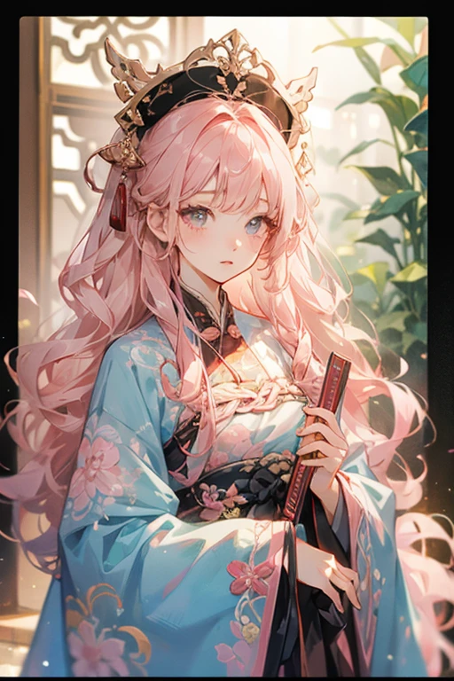 wearing blue dress、Anime girl with pink hair and white dress, Pink ponytail hair and cyan eyes, ((Wearing noble robes)), Cute anime waifu wearing beautiful clothes, eager character, Anime character with pink hair and red chinese hanfu, Popular topics on artstation pixiv,Produced by Anime Painter Studio, guweiz style artwork, Beautiful anime portrait, Detailed anime character art, Clean and detailed anime art,Three Kingdoms style,Three Kingdoms Unparalleled Style,Dressed in ancient Chinese costumes,Sonison,Open-chest outfit,Topless top,open chest,big ,Good shape,extremely delicate and beautiful, Amazing cleavage, Pink ponytail hair,Shine skin,European and American fat lips,,Anime style nose,European and American makeup,cute girl,huge breasts,Proud figure,Hot in pink high ponytail,Pink single ponytail,Decoration on the head