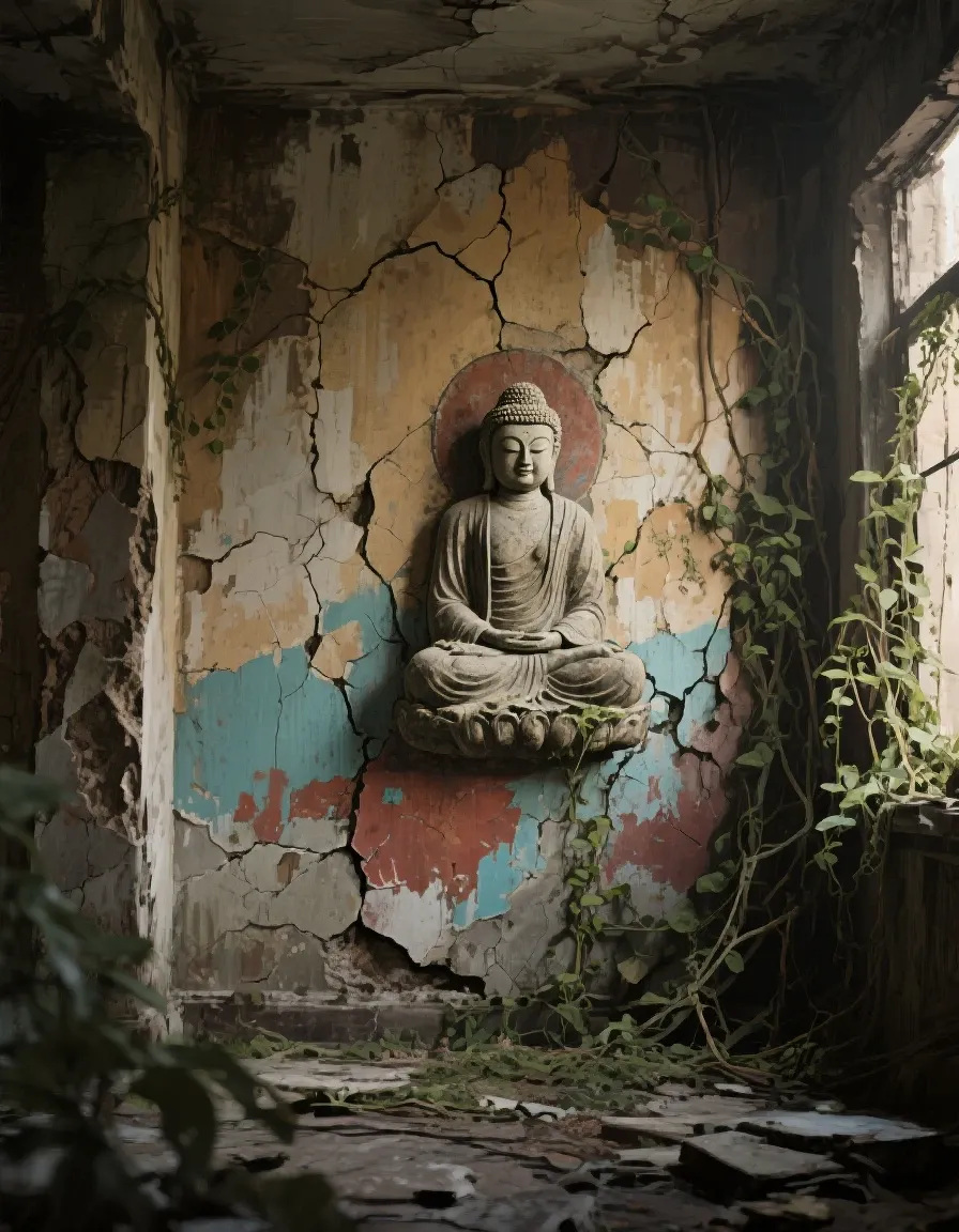 Ancient Japanese temple。Walls and roof are dilapidated。Moss-covered。

Buddha statue inside the building。Not large、Not grand。Somewhere creepy。

Time is midnight、The surroundings are dimly visible in the moonlight。The temple has no lighting or other such things.。

The Buddha statue's mouth is unnaturally smiling。