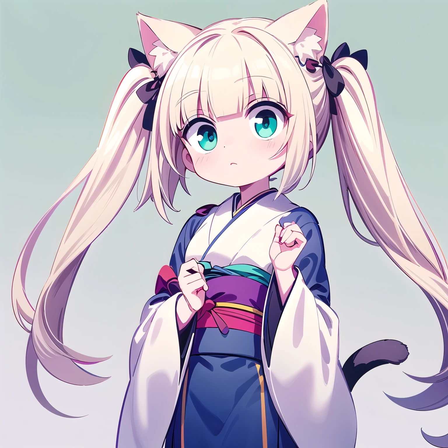A cute pop‑anime chibi cat‑girl on green background. – Hair: blunt bob with twin tails, platinum‑blonde roots fading to pastel‑purple tips, glossy highlights – Eyes: huge round aqua‑blue eyes with strong white catchlights – Cat ears & tail: soft pink, matching fluffy tail – Outfit: deep‑navy mini yukata with wide sleeves, indigo gradients, multiple orange cord bows, black obi belt with metal accents – Pose: standing front view, gently raising right hand, innocent expression – Rendering: bold black line art, flat cel shading, shiny highlights, 4K, ultra‑clean