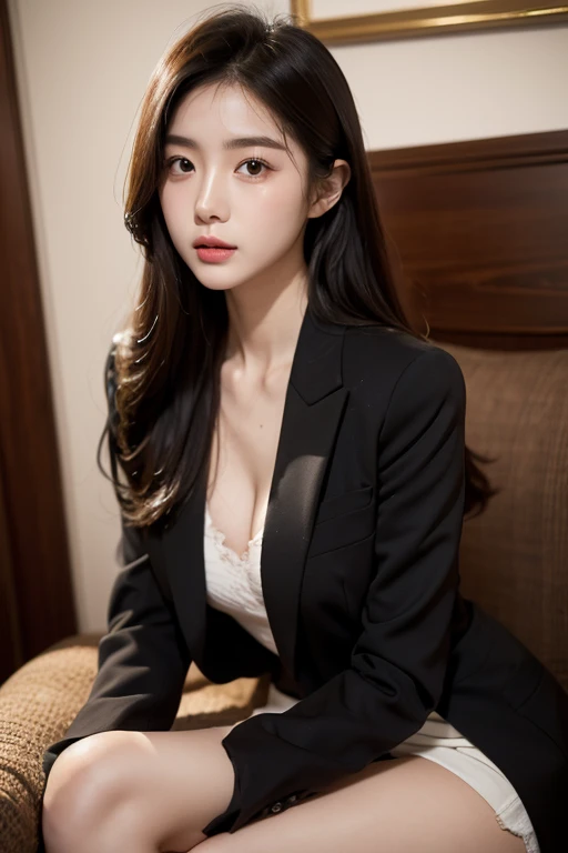 absurdres, RAW photo, extremely delicate and beautiful, masterpiece, Best Quality, ultra high resolution, 16k, hyperrealistic, ultra-detailed, perfect anatomy, super Detailed skin, perfect figure, Very detailed CG 8k wallpaper, in her 20s, very Slim body, (narrow waist), very small head, very small face, delicate facial features, tearful mole, mole on chest, earring, thin legs, (very huge round breasts:1.2), full body shot, shorter middle hair, wavy hair, , collared dress shirt, bare legs, (blazer), 