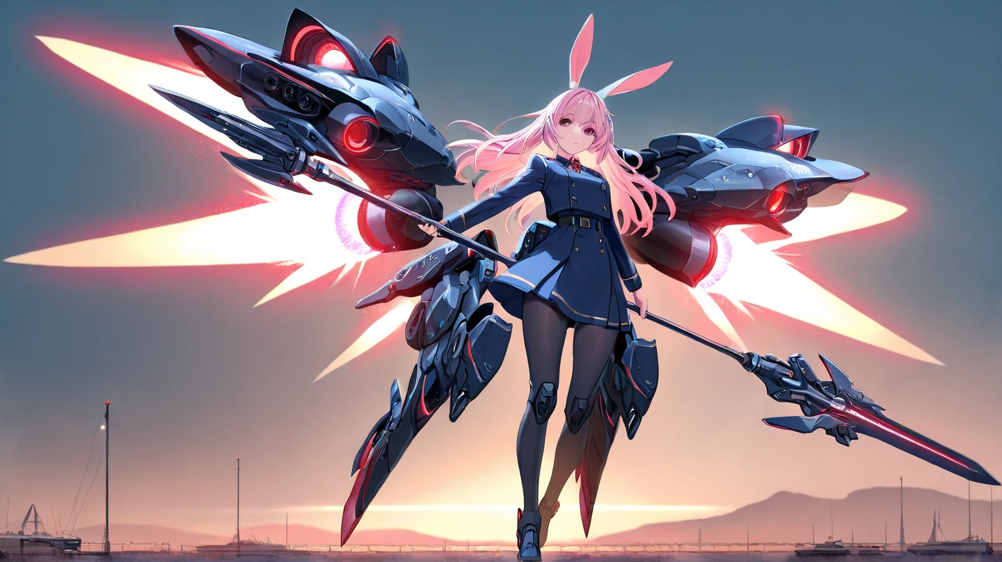 score_9, score_8_up, score_7_up, source_anime, masterpiece, best quality, high resolution, extremely detailed CG, absurdres, 1girl, a girl in mecha bunny_suit jumps high in the air, mecha_bunny_ears, fake animal ears, mecha armor,happy, kawaii, sky, jump, fishnet_thighhighs, large_breasts, holding weapon