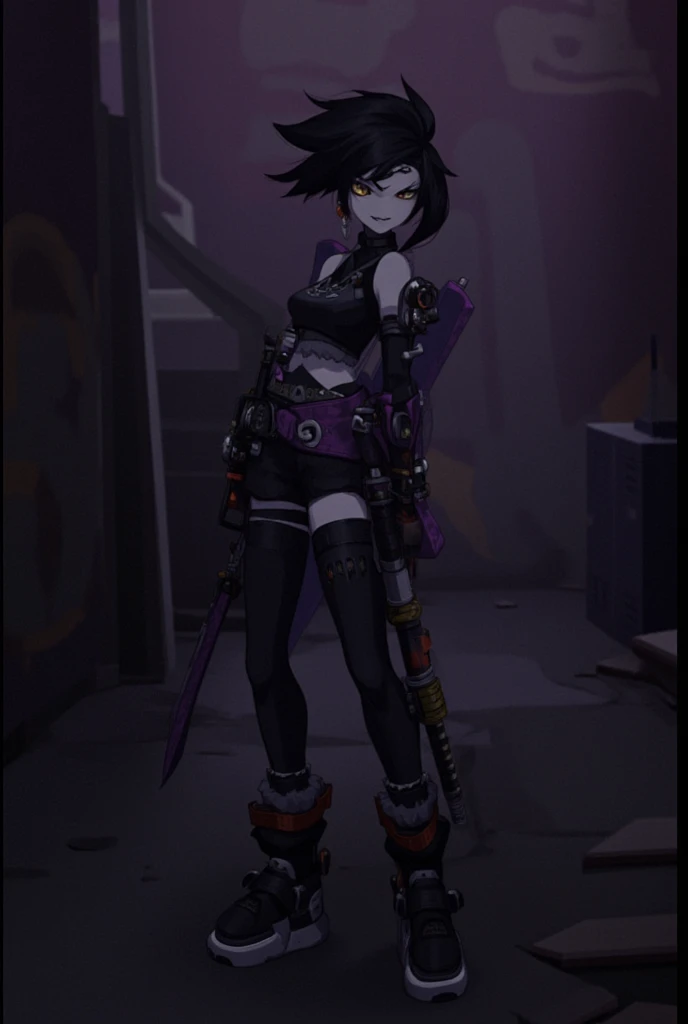Demoness with black skin and blue hair and blueeyes, stands in the desert on the edge of an emptyroad along with a sign with the inscription " freedemoness", she is wearing a dark mended braand black and gray denim shorts, unbuttoned andwithout a belt