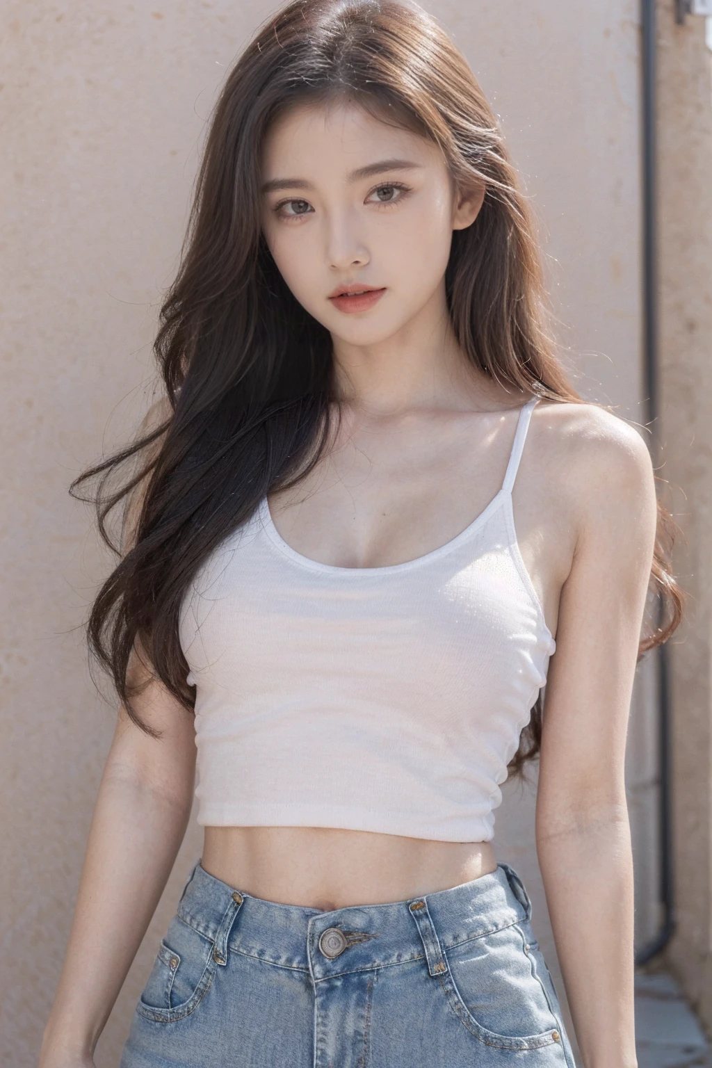 ((best quality, 8K, masterpiece :1.3)), 1 woman, Pretty woman with slim abs highlighted :1.3, (random hairstyle :1.2), Oversized tank top :1.2, very detailed face, detailed eyes, double eyelid, armpit