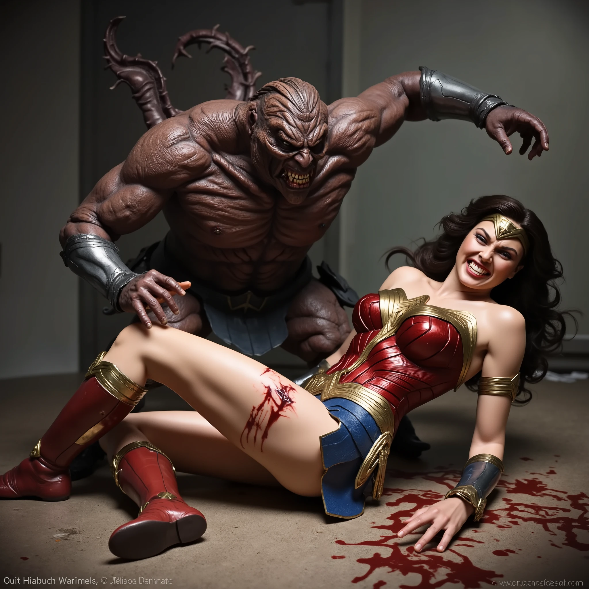 Wonder woman is lying down, screaming in pain, painful face, bad injury, a monster is bending over her body, it attack Wonder woman, a monster is holding her leg,