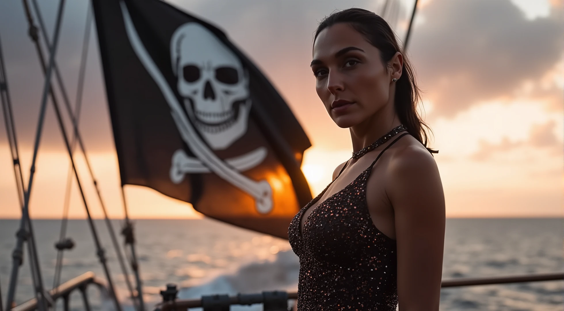at dawn, a huge black pirate flag, decorated with a bright skull, flotte majestueusement dans une brise marine. A female pirate, mine et élancée avec des cheveux noirs, stands proudly on the deck of a ship, son regard déterminé captivant tous les regards. Vêtue d'une tenue de pirate à la fois élégante et audacieuse, son décolleté plongeant met en avant sa silhouette voluptueuse, tandis que des détails dorés scintillent sous les premiers rayons du soleil. The dancing shadows of the sails create a dramatic contrast, accentuant son allure rebelle et charismatique. L'arrière-plan flou du ciel pastel et des vagues scintillantes évoque une ambiance de mystère et d'aventure.
