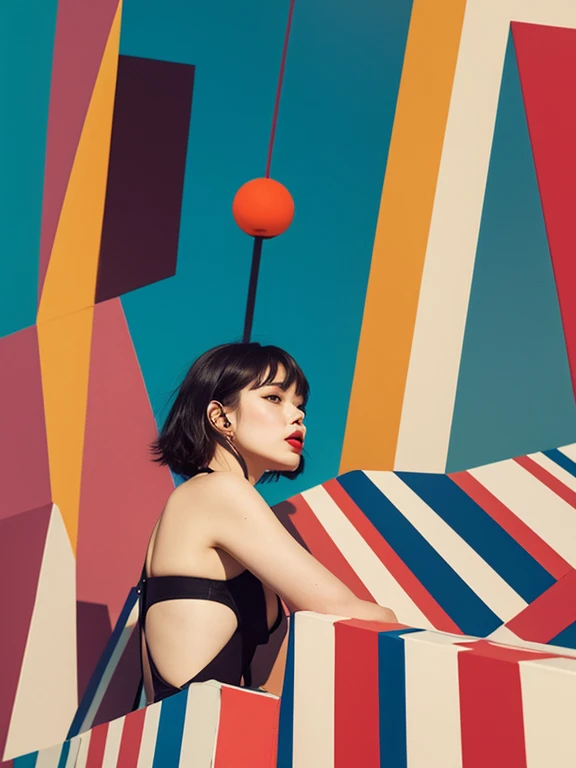 1 girl, beautiful, black bob hair, almond eye, no makeup, wear elegant sexy drees,pose in front of ((80's mondrian architecture colorful motel)),(from below:1.2), (realistic:1.1), (surreal:1.2), (very detailed:1.1), ((masterpiece)),summer, blue sky, palm trees,sunny, los angles vibes