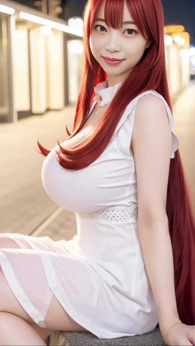 Female, tan skin, heterochromia red/white eyes, perfect split half red hair/half white hair down middle, perfect, full breast,