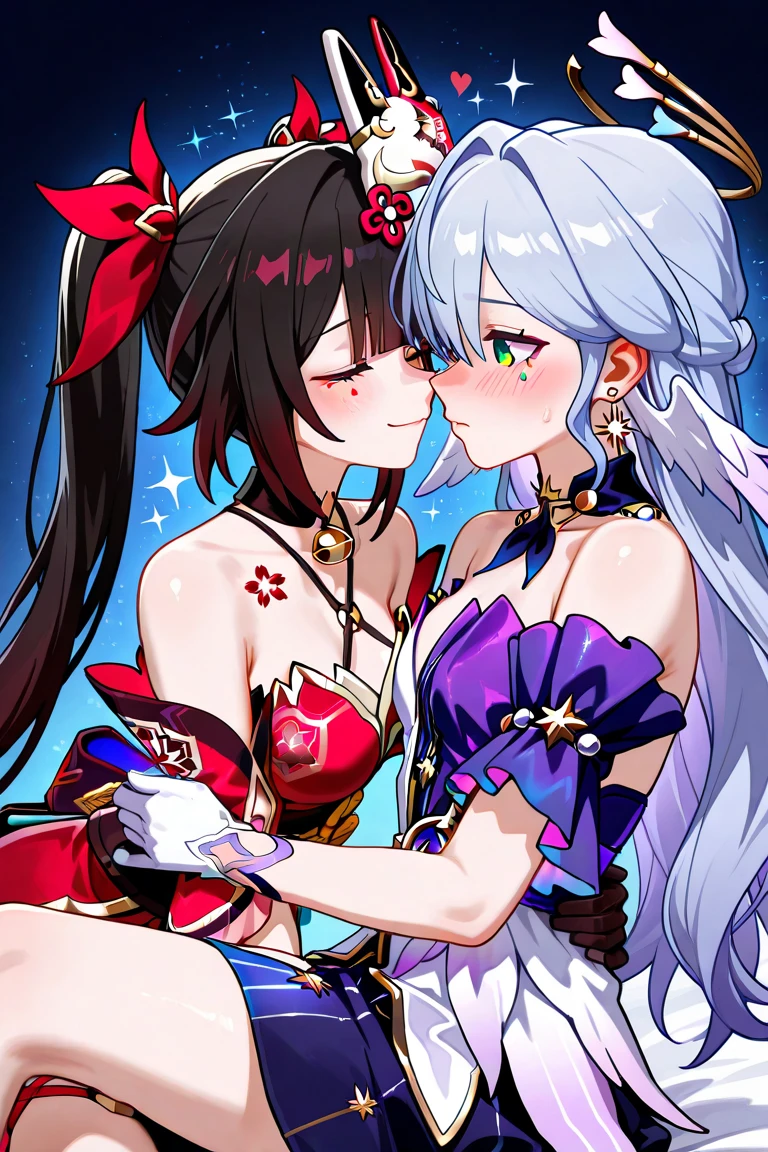 a girl with purple hair and another with white hair making a heart with their arms, with sexy fantasy costumes