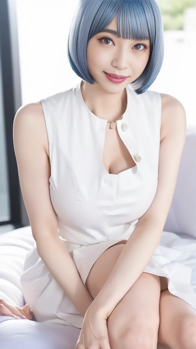 realistic, 1girl, blue hair, purple eyes, glowing eyes, under tank top, up skirt, parted lips, blush, night, flowers, sun, sunlight, big breasts,