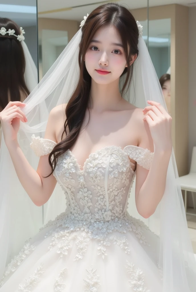 (((Pixel perfect, Perfect details))), alone, 1 girl, yuigahama yui,  Close-up of beautiful bride wearing beautiful wedding dress,Gurwitz, (bridal veil:1.5），（transparent short veil：1.5），blush，eye shadow，Blushing face，Head flower，headgear，bouquet，（tube top wedding dress：1.5），（silk dress：1.2）,（strapless wedding dress：1.5）,pure white dress，necklace，earrings，(large breasts:1.3)，Bangs，lipstick，（White long elbow gloves：1.4）,whole body照,High-detail RAW color art,White long skirt，whole body，(china street:1.3),18 years old, （long twintails：1.5）,(double bun:1.5), black hair