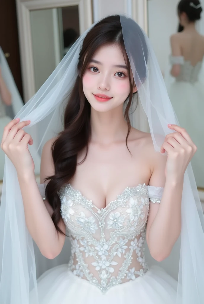 (highest quality、Tabletop、8k、Best image quality、Award-winning works)、One beautiful bride、(alone:1.1)、(The most extravagant and luxurious huge wedding dresses:1.1)、(perfect wedding lace:1.2)、(The most luxurious and finest giant tiara:1.1)、(The most luxurious and luxurious giant necklace:1.1)、(holding a wedding bouquet:1.1)、Bride&#39;s upper body photo、Elegant wedding venue、ぼやけた豪華でElegant wedding venueの背景、A large amount of the finest jewelry、Perfect Makeup、Long eyelashes、Ultra-high definition sparkling eyes、Ultra HD Hair、Ultra High Resolution Glossy Lips、Ultra High Resolution Perfect Teeth、Super high resolution beautiful face、(Accurate ???????:1.1)、(Very bright and beautiful skin:1.2)