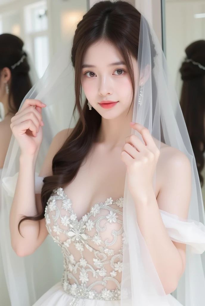 Cute and big, 10 years old, Elementary school girls, Exquisite figure,White translucent dress，Open to waist，no underwear，Areola visible,White translucent clip, (Breast close-up), , sit on mat,spread your legs，The camera focuses on between the legs, double ponytail, , (High color saturation:1.0), (highly refined skin), (best quality:1.0), (ultra high resolution:1.0) ,(photographic realism:1.0), (Super detailed:1.0), (8K, RAW photos:1.1),(Smile:1.0),lifestyle， F / 4.0， Canon, touch hair with hands