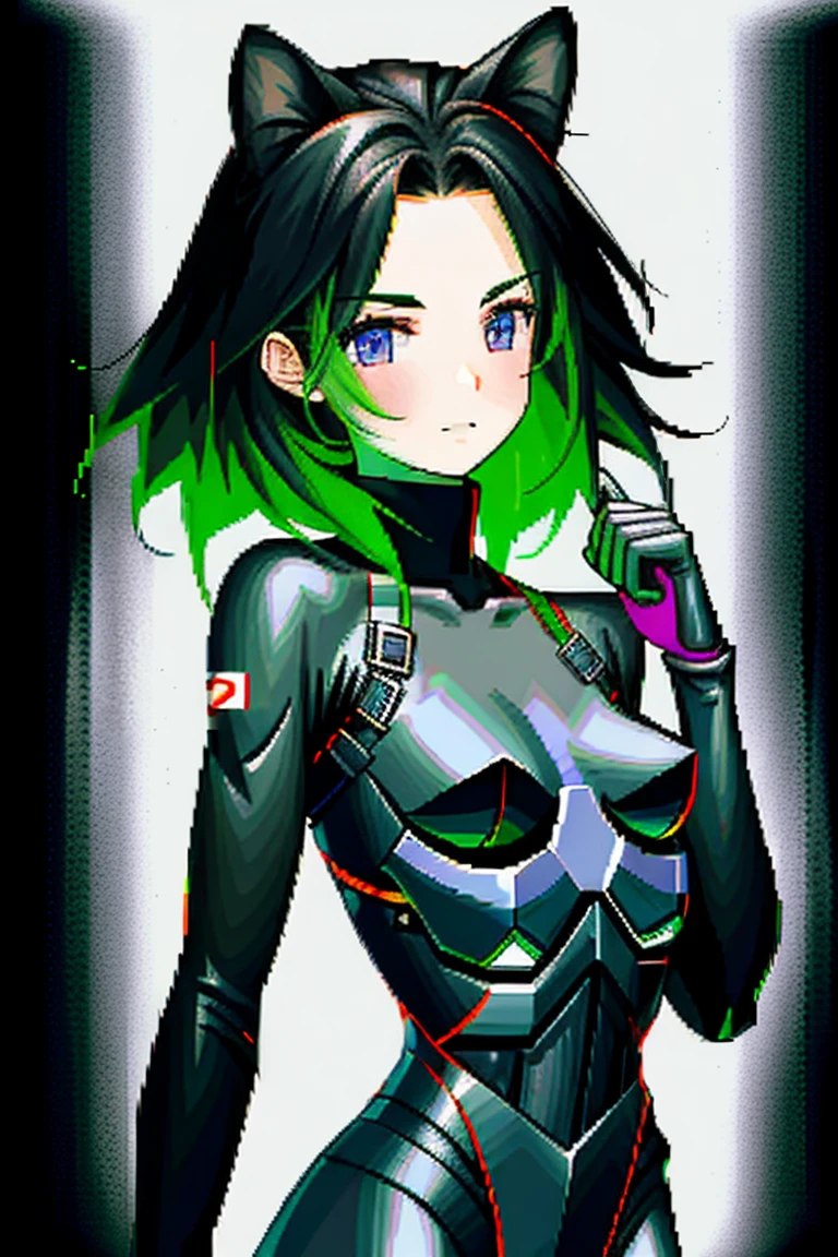 Japanese  girl in domination black and highlighter green in a shiny tight sci fi costume ,shoulder length hair flowing straight down, ultra hd, 4k, very realistic, body pose straight in front of camera, bright white background, waist angle,clothes with skulls and camellias on them