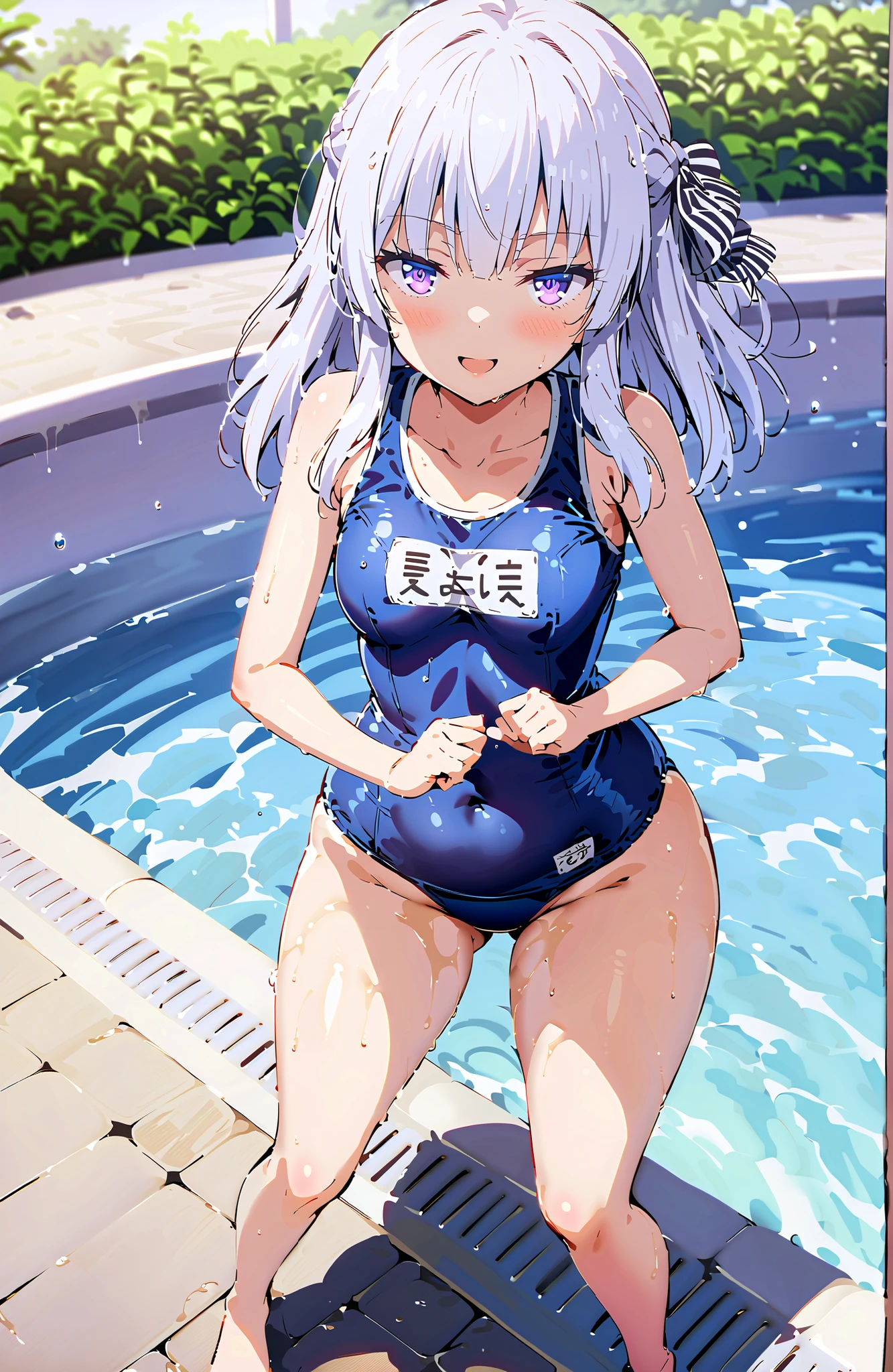 masterpiece, best quality, outdoors, afloat, reflection,
1girl, solo, looking at viewer, cowboy shot, grey hair, crown braid, white flower, ribbon, pointy ears, purple eyes, braid, rose, flower, hair flower, x hair ornament, bangs, blunt bangs, long hair, white hair, medium breasts,
cameltoe, swimsuit, one-piece swimsuit, school swimsuit, old school swimsuit, covered navel, collarbone, blue one-piece swimsuit, name tag, hands on hips,
<lora:LoRA_Swimsuit:1>, <lora:LoRA_Emilia:1>