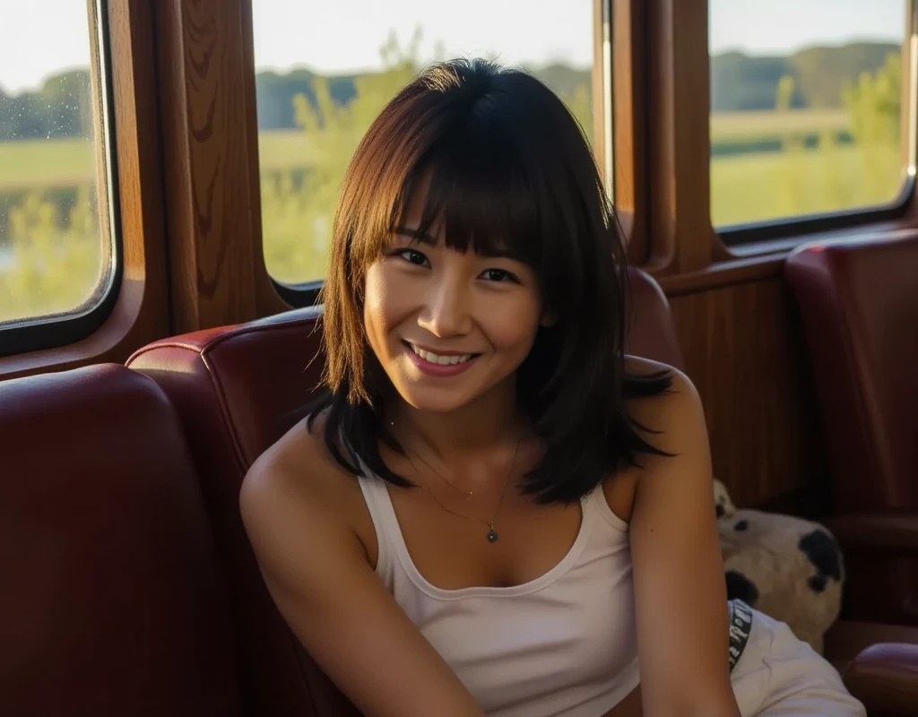 (masterpiece, best quality), outstanding details, ultra-high resolution,
anatomically correct, atmospheric perspective,
A lovely 30-year-old Japanese woman sits in a train seat reading a book, gentle smile.
The seat is the long seat type of Japanese local trains,
Outside the window behind the woman is the blue sky of the suburbs,
The morning light streaming in through the window backlights the woman, making her outline shine,
The sunlight reflects off the book, softly illuminating the woman's face,
wearing an elegant apple green Halter neck dress.
short brown hair, low ponytail, swept bangs,
depth of field, morning sunlight, backlighting, Reflected light from below, cinematic lighting, reflection light, soft lighting, dreamy atmosphere, animated expression,