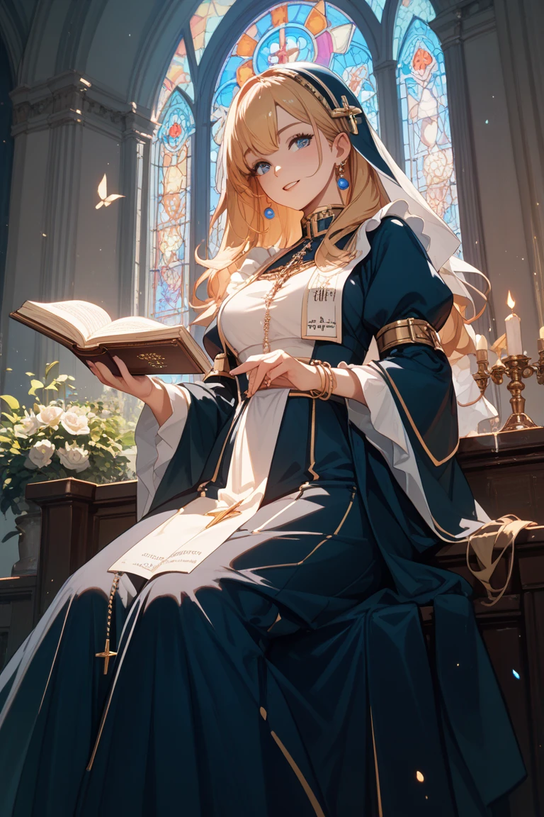 (((work of art))),(incredibly_absurderes),(best qualityer),(A high resolution),(highy detailed),((Papel de parede CG Unity 8K)),（Masterpiece artwork：1.2）， best qualityer， （lighting：1.2）， （ultra detali）， Hyper-detail， （Exquisite details）， （complexdetails）， （Film light， best qualityer backlight）， clear lines， from low， soloist， perfectbody， （1ガール）， blonde hair and blue eyes， （the emperor， transparent black clothes）， （tiara crown： 1.1）， sitting in a throne， ， head down， （Is shy： 1.2 ）， （putting on makeup）， hight contrast， （best illuminate， Very creative and beautiful）， （cinematic light）， colorfully，Magic book in hand，eyes of contempt，Magnificent church background