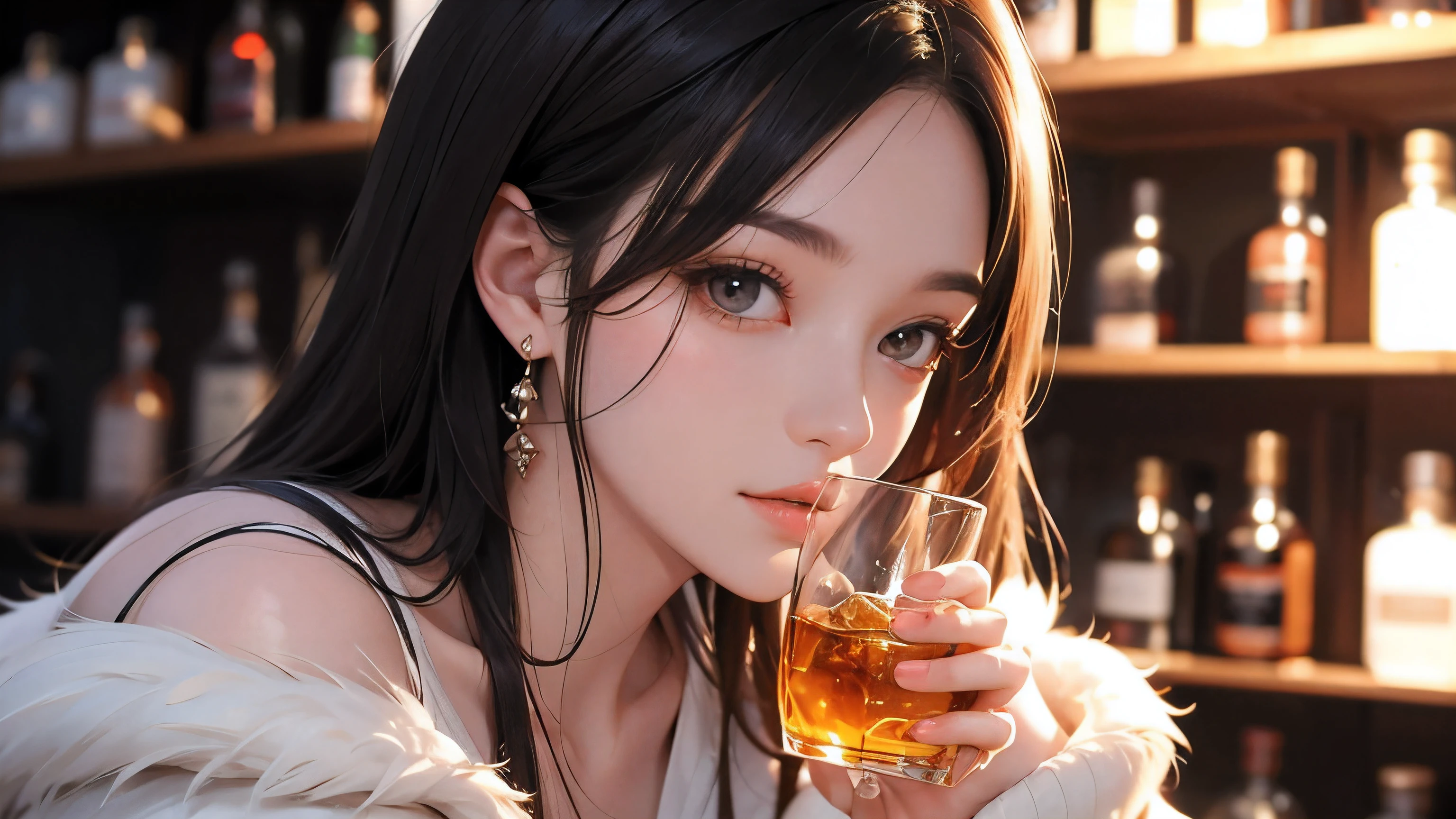 (masterpiece, Highest quality:1.3), (Super detailed:1.2), (hyperRealistic:1.3), (RAW Photos:1.2),High-definition RAW color photos, Professional photos, (PhotoRealistic:1.4), (Realistic:1.4), ,Professional Lighting, (Japanese), Beautiful Face, (Realistic face), Cute Woman, (Brown Hair, Big Breasts:1.5), (Bright smile:1.5), Trending Hair&Trending Hairカラーをランダムに, Earrings, necklace, bracelet, Sexy, erotic Sexy, Random sexy gravure poses, (A woman in a formal black dress、She shows off the plunging slit in her dress while holding a cocktail in a hotel lounge.。:1.3)