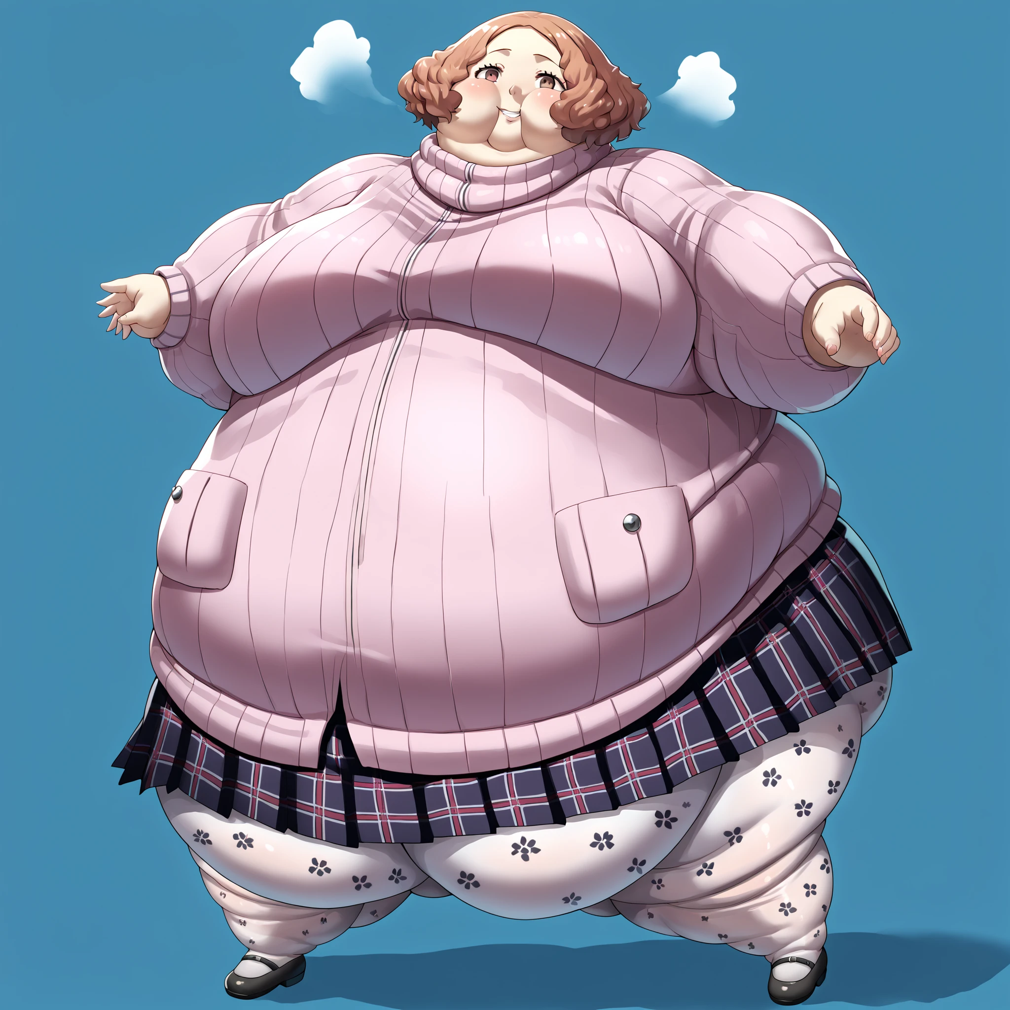 Fat_neck , Fat head , eyes with crushed cheeks , nose with crushed cheeks , mouth with crushed cheeks , chin roll , chubby, obesity, chubby, shortness of breath, Wide angle , Ultra-detailed illustration , masterpiece , top quality ,
score_9, score_8_up, score_7_up, source_anime, BREAK 1girl, looking at you, smile, defHaru, short hair, pink ribbed sweater, turtleneck sweater, short over long sleeves, plaid skirt, pleated skirt, print pantyhose, full body shot, fupa, fat crotch, big crotch,