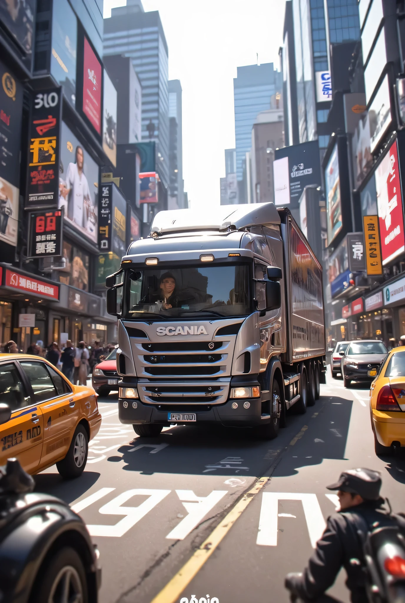 scania box truck running in the middle of the city