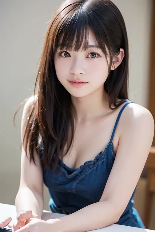 masterpiece, highest quality, 8k, 20th Generation, Large Breasts, cute, alone, sad, cute, girly, Delicate girl, Pure beauty, RAW Photos, Professional photography, Portraiture, Soft Light, Professional Lighting, Backlight, Upper Body, avert your eyes, Sophisticated, Film Grain, (Eye and facial details:1.0), floating short hair, beautiful, Flowing Hair, bangs, Loose Camisole、(Large Breasts:1.0)、A little bit of cleavage is visible、dolly make、Odd Eye、Left and right eyes are different colors