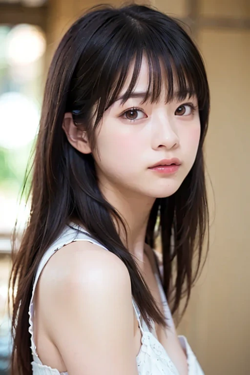 masterpiece、Highest quality, Ultra-high resolution、8k,photograph、1 girl, (Skin dents), (Large Breasts:1.4), bright, Blurred Background, (Asymmetrical bangs, very long wavy hair:1.5), (Tight white tank top)、soft, drooping udder、The upturned, narrow eyes are cute、sad、grassland、Spring Sky、Soft sunlight