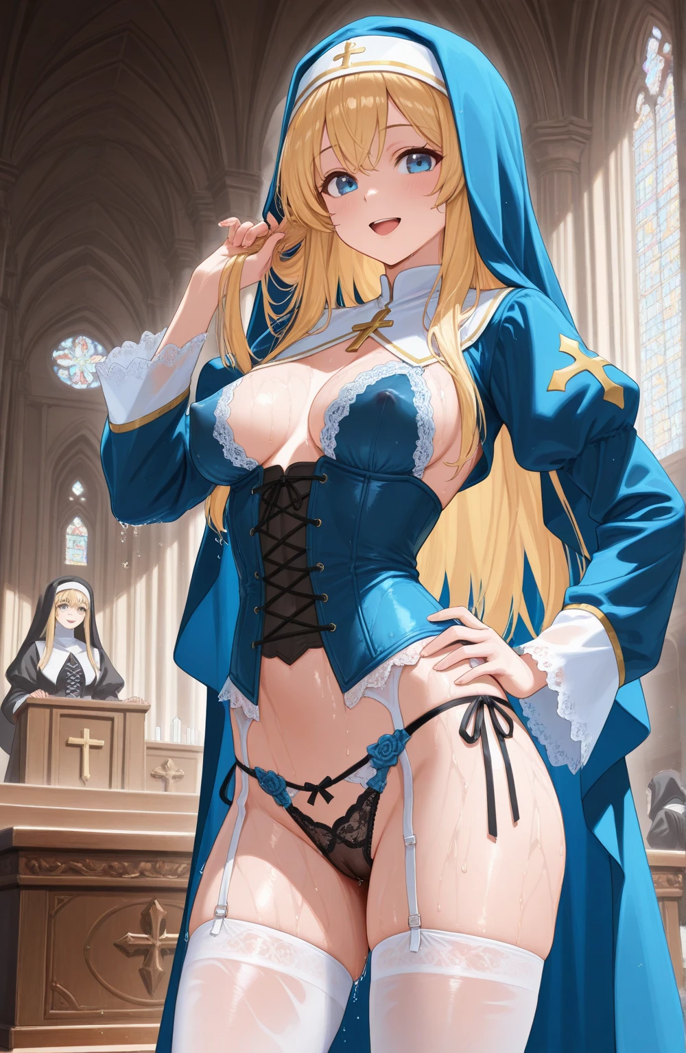 (obra maestra, mejor calidad, luz brillante, brillante, piel brillante, ultra detallado, antecedentes detallados, fondo complejo),(cara perfecta, cara detallada, ojos detallados,manos perfectas,dedos perfectos), (tetas grandes:1.2,sonrisa),(mujer madura:1.4),tiro de vaquero,grueso,escote, sword_maiden,((cabello degradado)), Labios partidos, pelo largo, blonde hair, pelos rubio, vestido, white vestido, habit, joyas, blindfold, medias, stockings,long hair, blindfold, dress, white dress, habit, jewelry, black blindfold, necklace, detached sleeves, pussy, big breasts, spread legs, cum, semen, facial, oral, bukkake, nsfw, +18, gigantic breasts