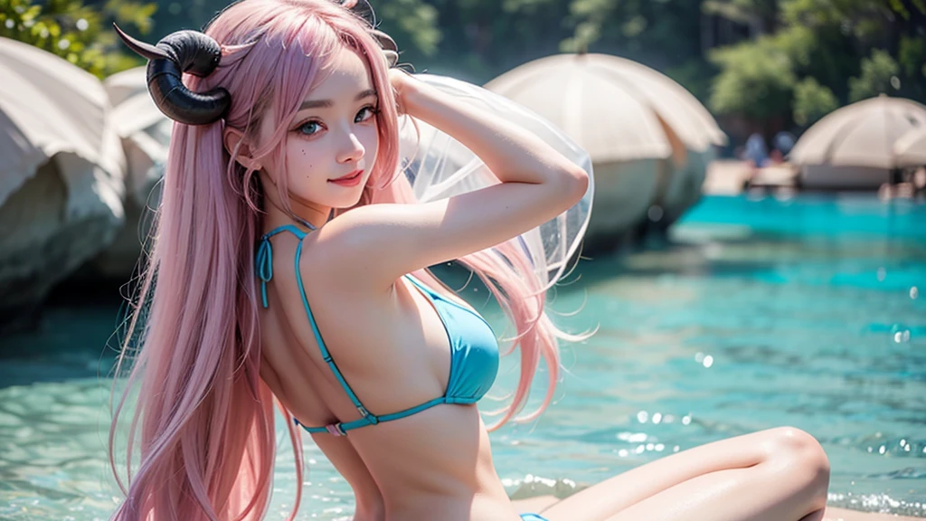 side poneyTail((((GenshinImpact)))、(Hair between both eyes))、white hair、Green Mesh、green colored eyes、((flat-chest))、(Photorealsitic:1.4)、(top-quality:1.4)、girl with、超A high resolution、((detailed facial features))))、small hand、KPOP Idol、egyosar、(ulzzang-6500-v1.10.66)、(Cruciform pupil))、Look at viewers、(((pointy ear))、(sunlights)、(the beach:1.31)(Eau:1.41)、Standing on one leg、from side((flat breast))、Symmetrical face、between legs、a smile