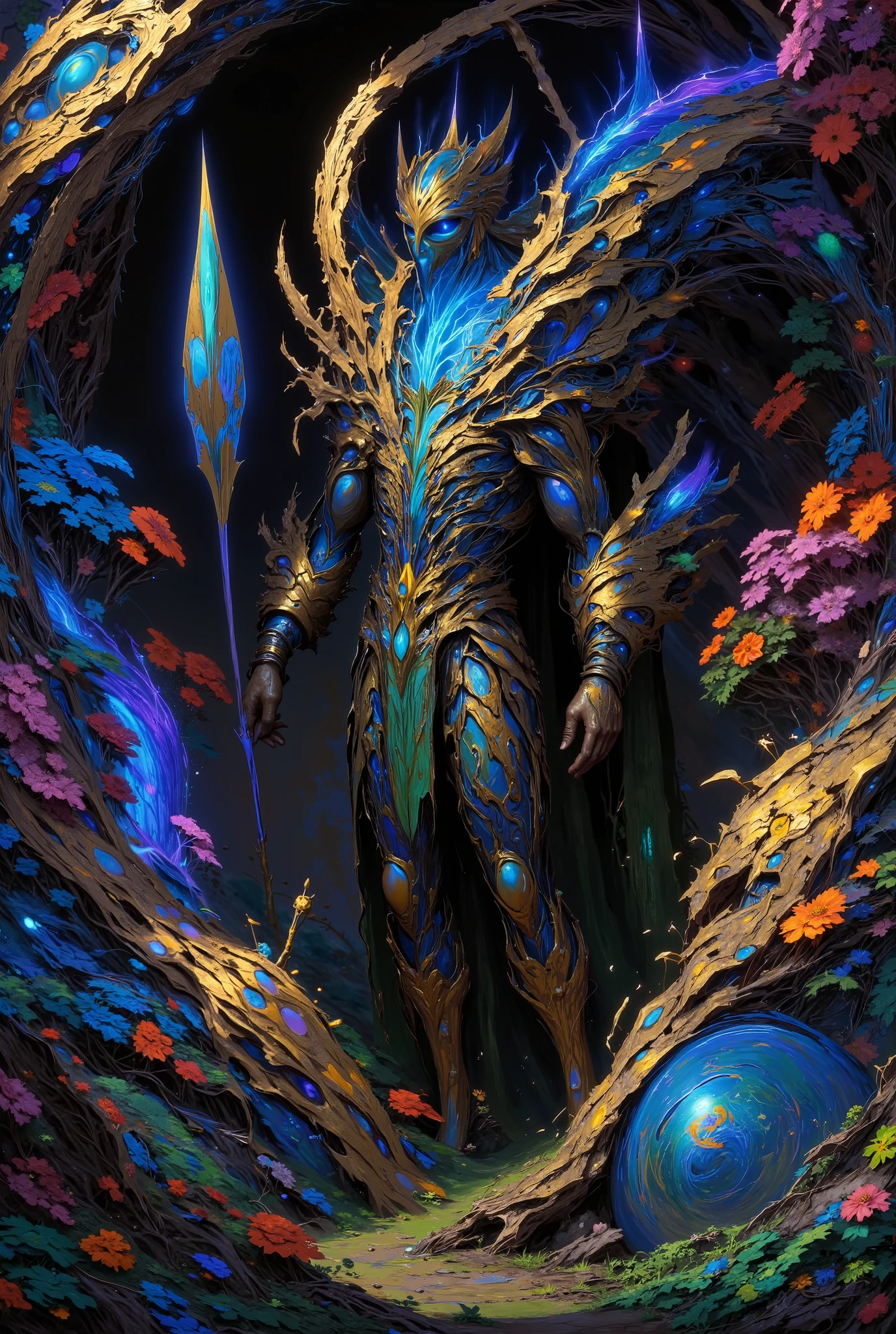 Fierce goddess of destruction and time, blue-skinned, adorned with vibrant flowers, holding a trident, in a mystical forest with glowing spirits under ethereal moons.