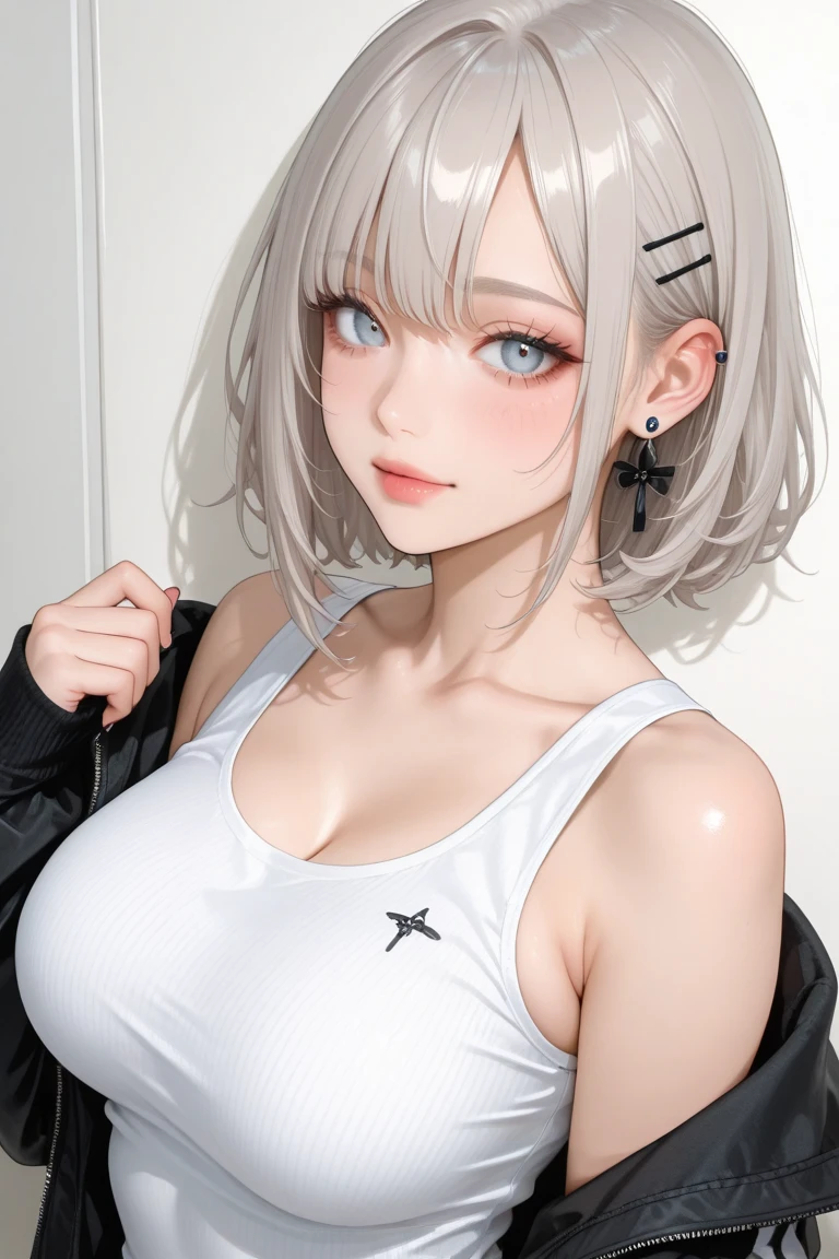 sleeveless shirt , an anime woman in black and white dress and gray hair , 1girl, breasts, jewelry, jacket, red eyes,  navel, looking at viewer, solo, short hair, black jacket, hair ornament, open jacket, heart choker, black choker, off shoulder, earrings, dog, open clothes, bare shoulders, collarbone, stomach, cleavage, medium breasts, hairclip, halterneck
