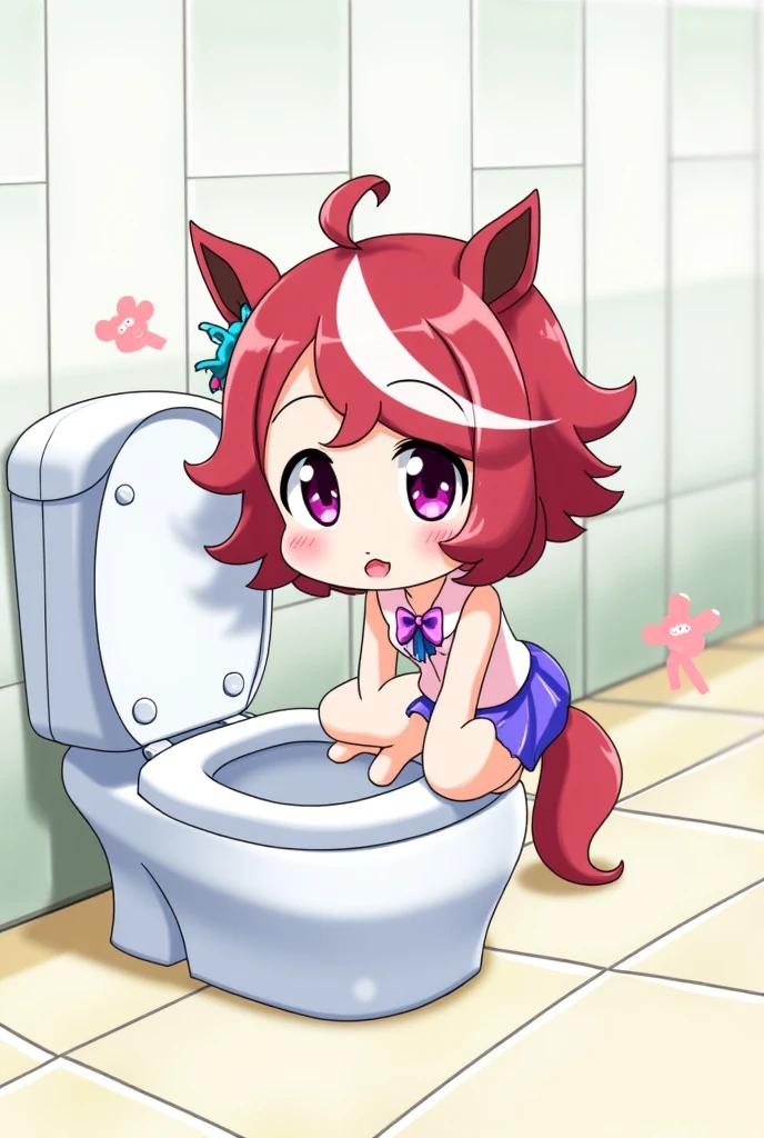 Score_9, Score_8_up, Score_7_up, Score_6_up, Score_5_up, Score_4_up, anime acreencap, ranka, 1girl, animal ears, wolf girl, wolf ears, wolf tail, tail, pink hair, skirt, long hair, animal ear fluff, serafuku, pleated skirt, neckerchief, anime style, horny, excited, full blush, pussy juice, heavy breathing, on toilet, used toilet, orgasm, cum, after sex, cum drip