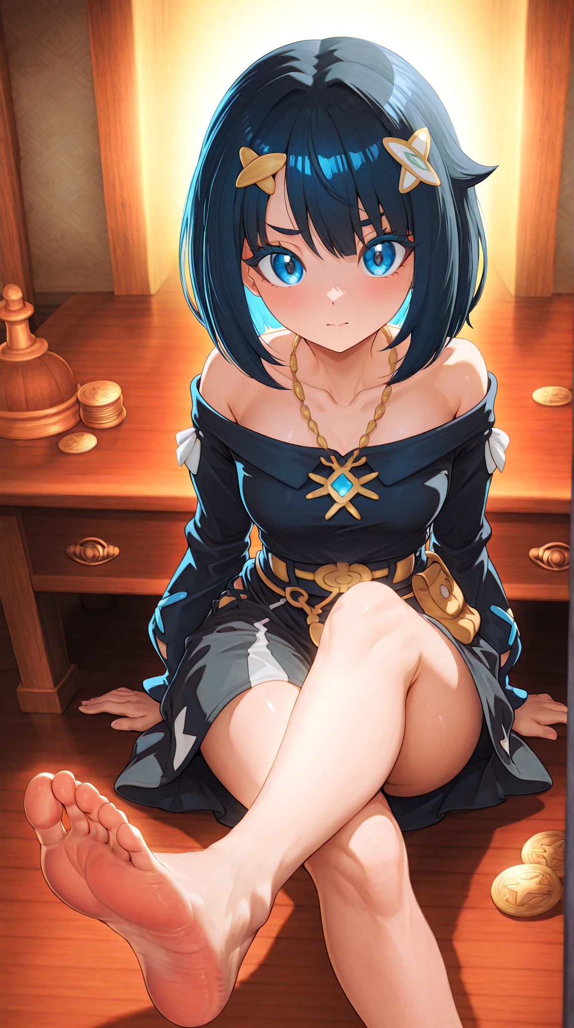 Blue Jersey、anime、Sitting with legs crossed、Panty shot