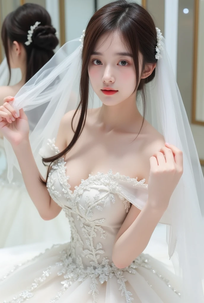 ((Top quality, 8k, Masterpiece: 1.3)), HQ photo,  sit on bed, beauty, beauty face, detailed skin textures:1.3, (woman 26 years old), beauty: 1.3, slender abs: 1.1, (((huge breasts))), very big breasts,(sweaty glossy skin:1.3), ((beautiful bride, bride clothes, veil,  unbuttoned clothes, breasts out)) necklace.  Shiny moist skin, detailed skin textures, Naked nipples_nipples_On the bed. Sit on bed, ultra-detailed face, highly detailed lips, make-up face. Peach lipstick