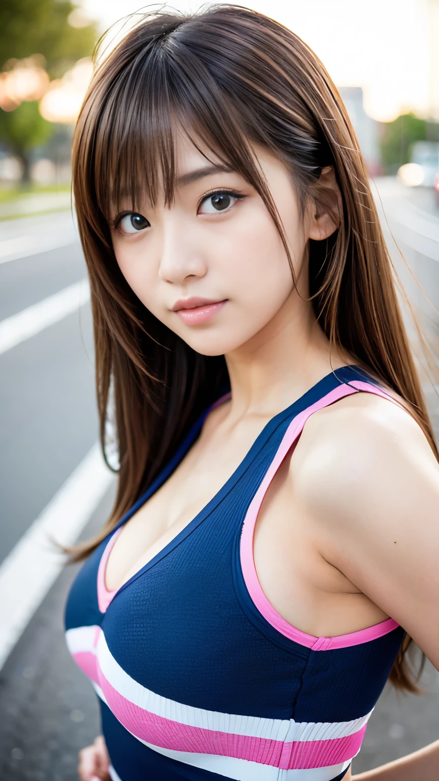 masterpiece, Highest quality, 8k, Disorganized person, (Upper Body:1.4), Navy blue sports bra, Large Breasts,  beautiful girl, Beautiful Face, Looking at the audience, smile, Ultra-realistic, High resolution, photograph, The focus was clear, High resolution, Face Light, Dynamic Lighting, Cinema Lighting, Professional Shadow, Beautiful cityscape background, Best details, Very detailed, Very detailedな, In detail, Real Skin, Delicate facial features, Detailed face and eyes, Sharp pupils、Realistic student