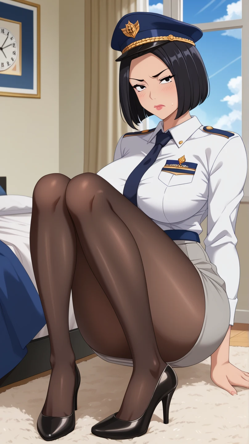 (unity 8k wallpape),(best quality),(high resolution),(ultra-detailed),(perfect anatomy),(beautiful detailed eyes),japanese mature,Beauty,slender,50yo,house wife,black hair,middlehair,policewoman,Navy blue uniform,mini skirt,White panties,(garter belt),cameltoe,(panty shot),Sitting in a chair,(open leg:1.8),Woman looking down at me,Glaring at me,Looks uncomfortable,BREAK,Office at night,Alone,Looking up from a low angle,(Women&#39;s panties in front of me),(Open your legs in front of my face),